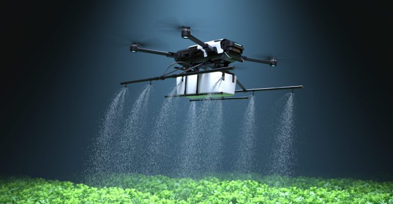 Drone spraying fertilizer on vegetable green plants, Agriculture technology, Farm automation. 3D illustration