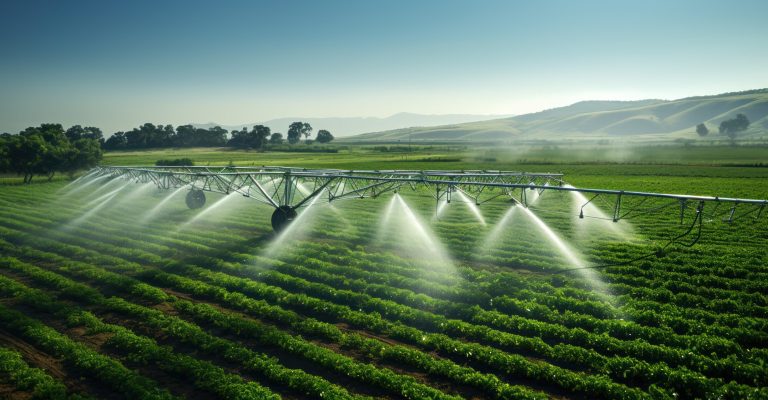 Refreshment from above, as sprinklers arc water over the geometric greenery of the fields.